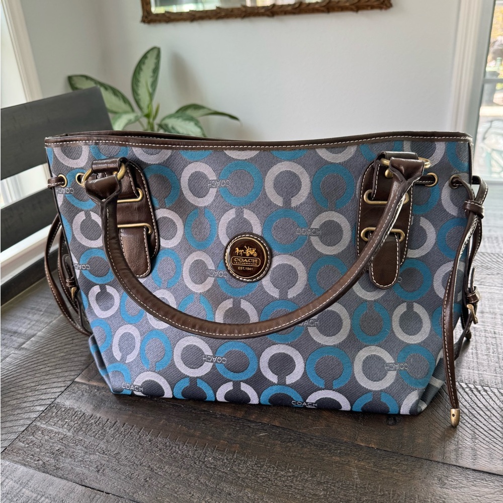 Coach Blue and Brown Patterned Tote Bag Purse
